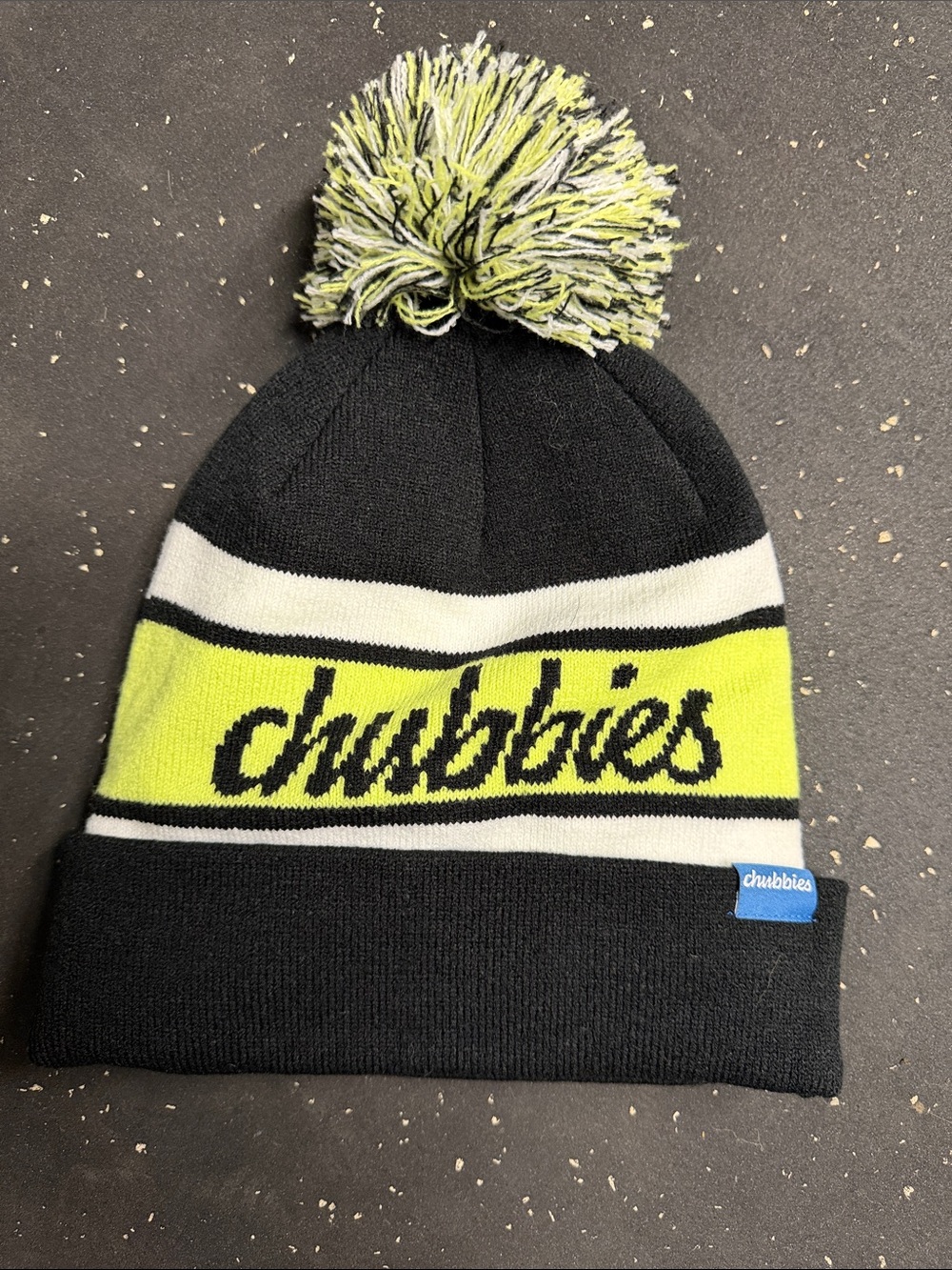 chubbies Black Beanie with Neon green/Yellow & White Stripe Pom - NWOT